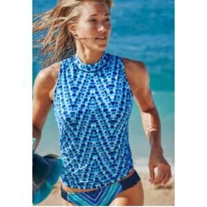 Athleta Blue Tie Dye UPF 50 Sleeveless Swim Top 1/4 Back Zip Size‎ XS EUC